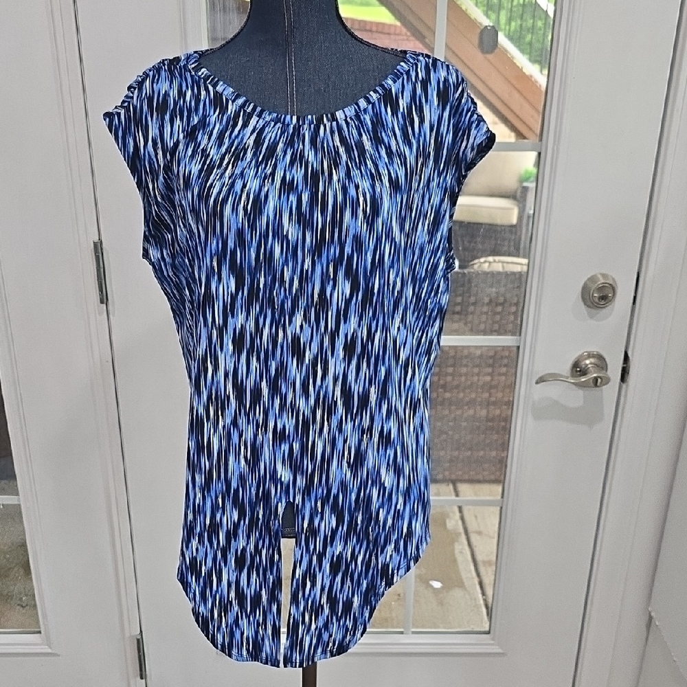 Rafaella Blue Graphic Cap Sleeve Blouse